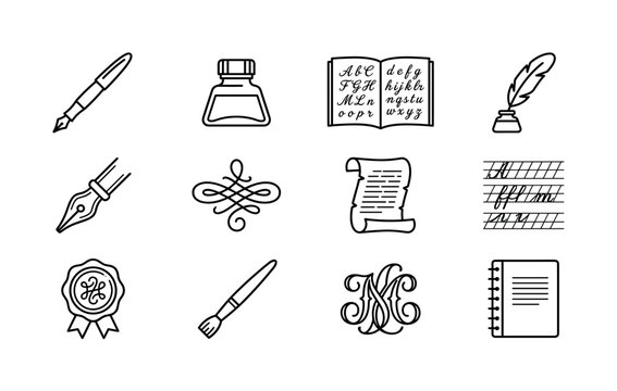 Italic calligraphy. Line outline icon set of italic calligraphy: fountain pen, ink bottle, cursive alphabet sheet, feather quill, calligraphy nib, decorative flourish, parchment scroll, handwriting