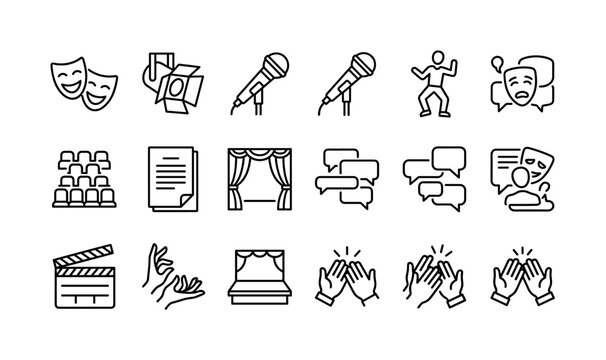 Improvisational theater. Line outline icon set of Improvisational theater: comedy masks, stage spotlight, microphone stand, improv actor pose, audience seats, script pages, theater curtain, speech