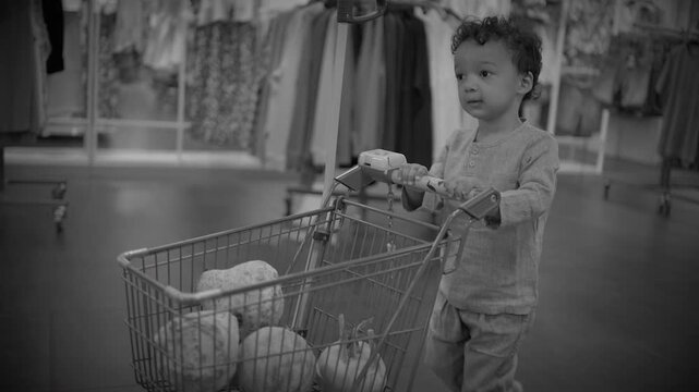 Toddler pushing toy cart in clothing store aisle