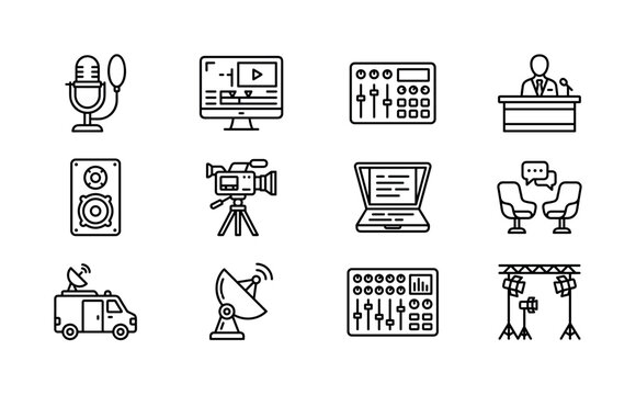 Broadcast production and communication. Line outline icon set of broadcast production and communication: podcast microphone, editing monitor, control room panel, news desk, speaker system, camera