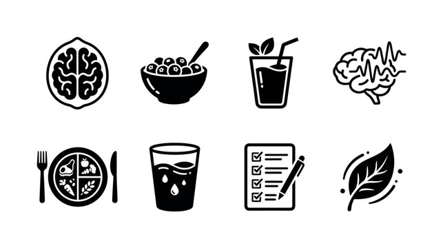 Healthy Foods For Brain Function. Filled icon set of Healthy Foods For Brain Function: walnut brain icon, blueberry bowl, green smoothie, brain waves, balanced meal plate, hydration glass, nutrition