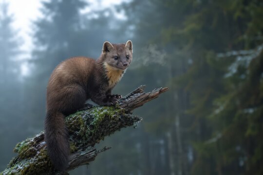 Martre des pins sur une branche moussue dans une for&ecirc;t froide