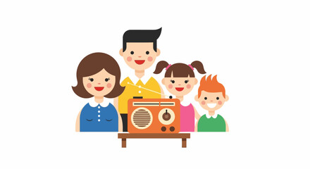 Obraz premium Happy family gathered around vintage radio, enjoying music and togetherness.