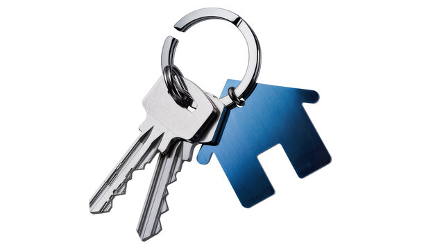 Two silver keys with blue house-shaped keychain