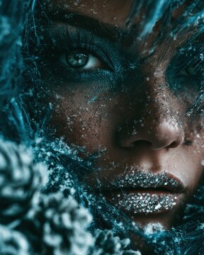 Close-up portrait of a winter beauty, deep cyan glowing eyeshadow, silver gems covering her lips, magical swirling snow and frosted pinecones close to the lens, dark fantasy aesthetic