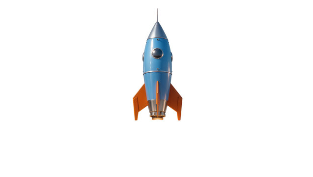 Retro blue and orange rocket ship with silver tip and window