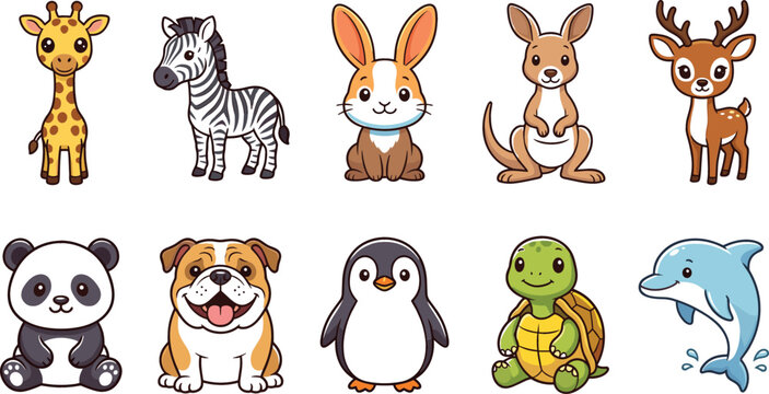Cute Cartoon Baby Animal Character Icon Set with Giraffe Panda Penguin Turtle and Dolphin Illustrations for Nursery Designs