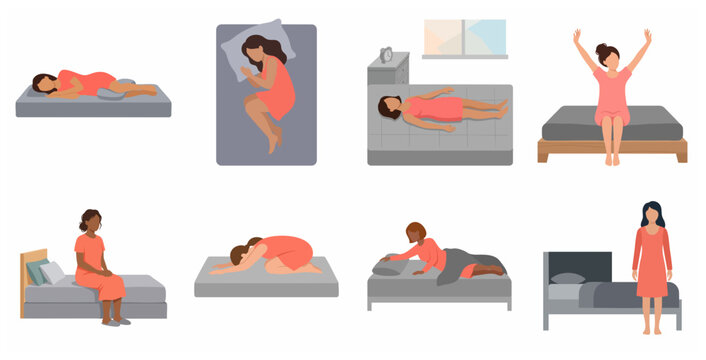 Vector illustration set of a woman in various sleeping and waking up positions on a bed, including stretching, sitting, and different sleep postures for healthy rest and sleep hygiene concept.