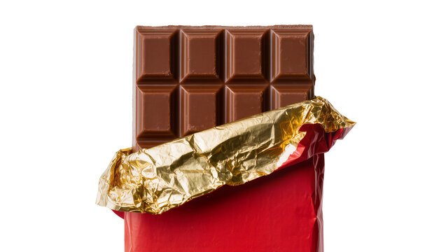 Milk chocolate bar with red and gold foil wrapper