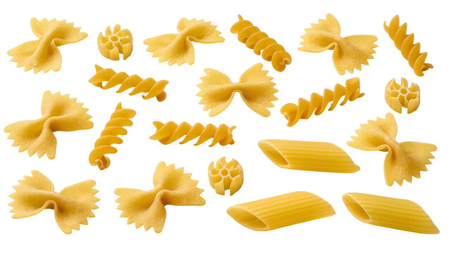 Assorted dry pasta shapes including farfalle fusilli penne, and rotelle