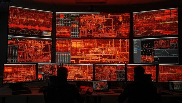 Emergency display mode on centralized DCS control room screens highlighting critical alarms and plant status changes with vivid alerts and red warning signals.
