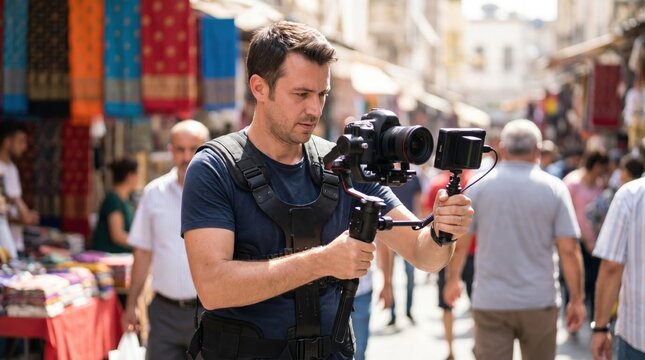 Man filming in bustling outdoor market with vibrant textiles and people in background
