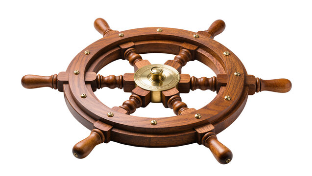 Wooden ship steering wheel with brass accents
