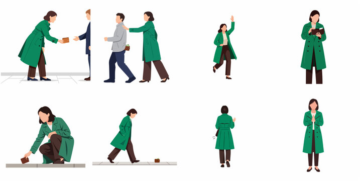 Honest woman finding and returning a lost wallet flat vector illustration set