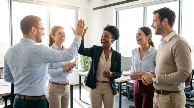 Diverse office team celebrating success with happy Black female leader giving high five