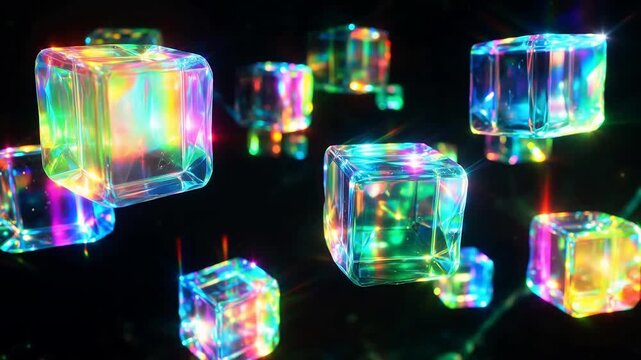 Floating rainbow-colored transparent cubes with glowing edges and light flares against a dark background
