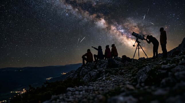 Astronomy enthusiasts observe the Milky Way and meteor shower from a mountain peak.