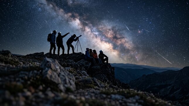 Stargazers watching the Milky Way and meteors from a mountain peak