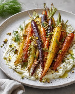 Carottes r&ocirc;ties multicolores sur cr&egrave;me aux herbes et pistaches