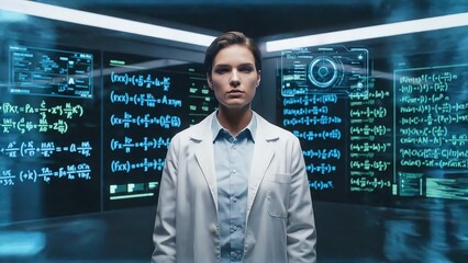 Fototapeta premium Serious Woman Scientist in Lab Coat Standing Before Futuristic Digital Displays with Equations