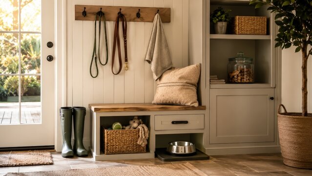 Entr&eacute;e de maison organis&eacute;e avec accessoires pour animal domestique