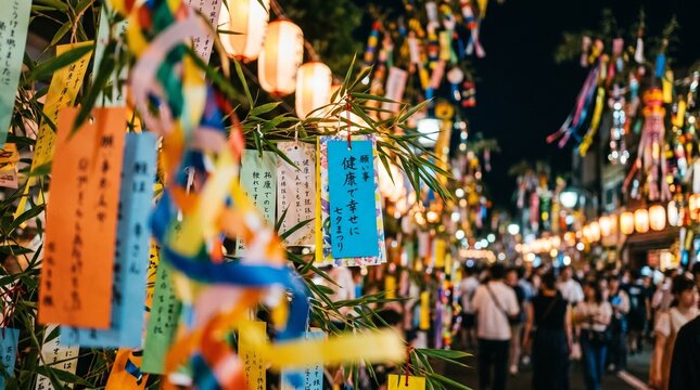 Japanese Tanabata Festival decorations with wishes on colorful tags