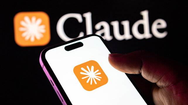 Closeup of a hand holding a smartphone displaying the claude ai app logo with the brand name in the background