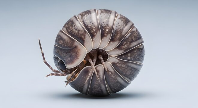 Pill Bug Curled in Defensive Ball on a Light Gray Studio Background