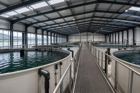 Modern recirculating aquaculture facility with salmon tanks