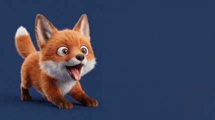 Obraz premium Cute little red fox cartoon character posing happily with tongue out on a solid blue studio background, funny 3D animal illustration for children book story, playful pup mascot with expressive eyes