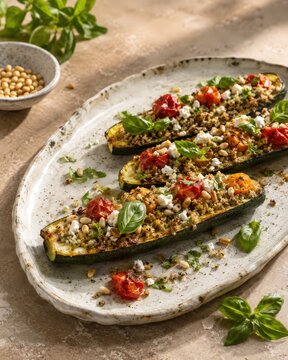 Courgettes farcies au quinoa tomates r&ocirc;ties feta et basilic