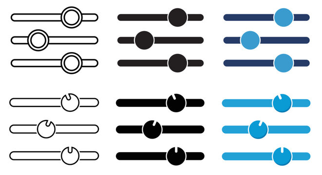 A collection of interface control featuring sliders and circular knobs in white, black, and blue, used for adjusting settings, volume, or audio levels