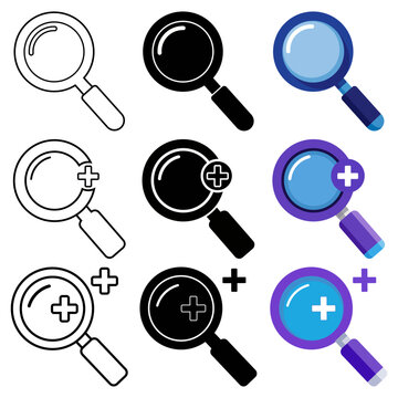 Magnifying glass search in linear outline and flat blue color styles with plus symbols for zoom in functionality on a white background