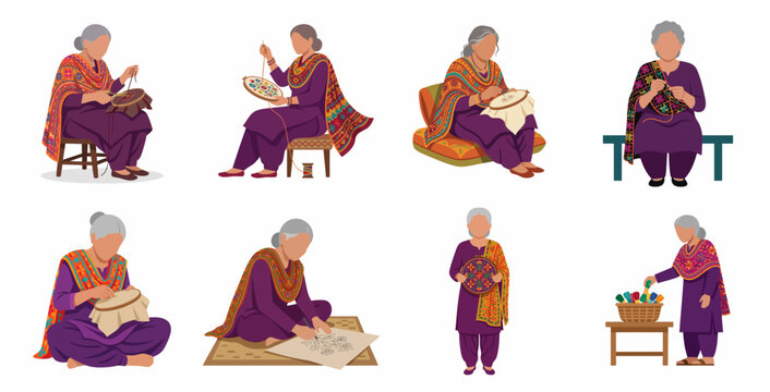 Set of Senior South Asian Woman Characters Engaged in Traditional Embroidery and Crafting
