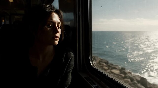 Thoughtful woman looking out of a train window at the ocean. Female passenger traveling on a scenic coastal railway route. Solo travel concept