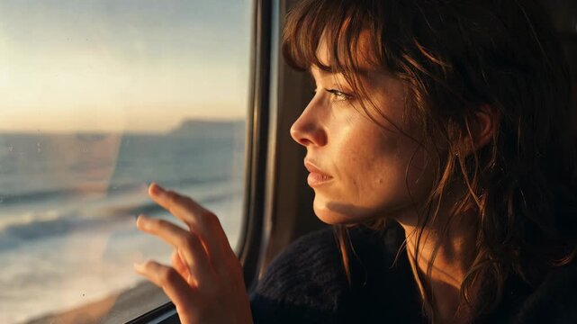 Close-up of a thoughtful woman looking out a train window at the ocean. Female passenger touching the glass during a scenic coastal journey at sunset