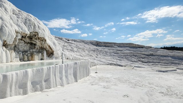 White Travertine Pools of Pamukkale Under Blue Sky