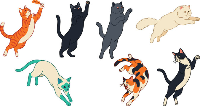 Cute Jumping Cat Breeds Vector Illustration Set Featuring Active Felines Pouncing and Playing for Pet Lovers Website Designs and Creative Graphic Elements