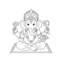 Fototapeta premium Lord Ganesha coloring page outline. Vector black and white Hindu deity line art character isolated on white background.