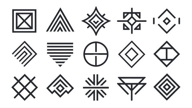 Abstract geometric line shapes icon set featuring minimal linear symbols sacred geometry elements patterns and futuristic graphic design outlines