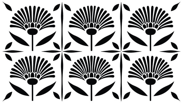 Vintage floral seamless pattern featuring abstract monochrome block print flowers tile design background decorative stencils ornaments and geometric textures