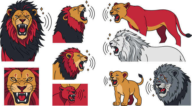 Roaring Lion and Lioness Vector Icon Set Featuring Angry Wild Felines Growling Cub and Aggressive Mascot Heads for Esport and Sports Logo Designs