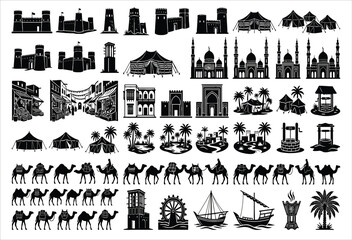 Obraz premium Middle Eastern Architecture And Desert Scenes Black And White Vector Illustration