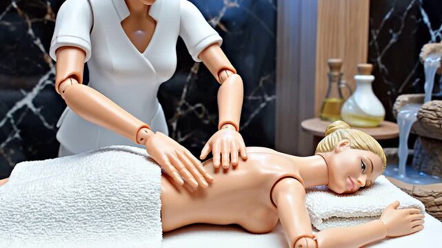 Masseur in uniform giving back massage to woman lying on towel in spa salon. Relaxing skin care treatment for therapy of body health and beauty wellness concept.