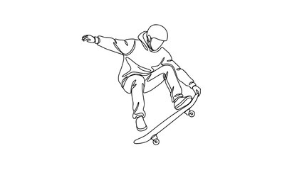 One line skateboard jump trick vector with teenage skater in motion © MdRabbi