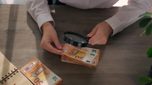 Woman Hands inspect euro banknotes with magnifying glass at office desk, performing financial audit and checking money for accuracy and control in business accounting process.Audit,financial control