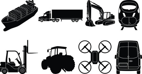 Industrial transport and logistics silhouette icon set featuring cargo ship semi truck excavator train and drone vectors © MdAbdur