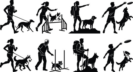People training and playing with dogs silhouette vector set featuring agility running hiking and catching frisbee © MdAbdur
