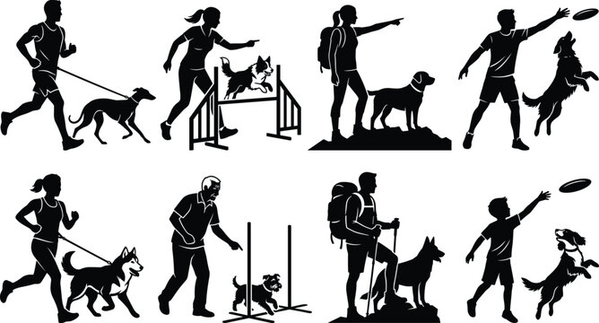 People training and playing with dogs silhouette vector set featuring agility running hiking and catching frisbee