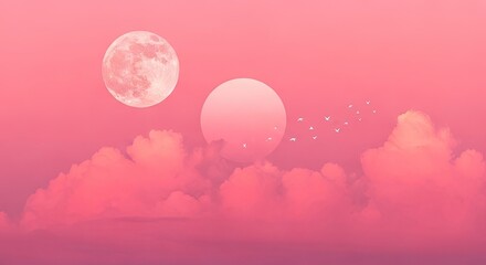 Fototapeta premium Surreal pink sky with double moon and birds over clouds